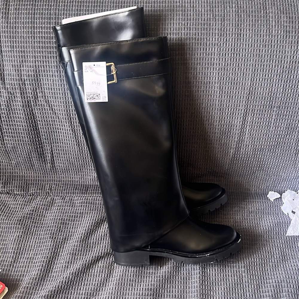 Black faux leather boots with Gold Buckle
